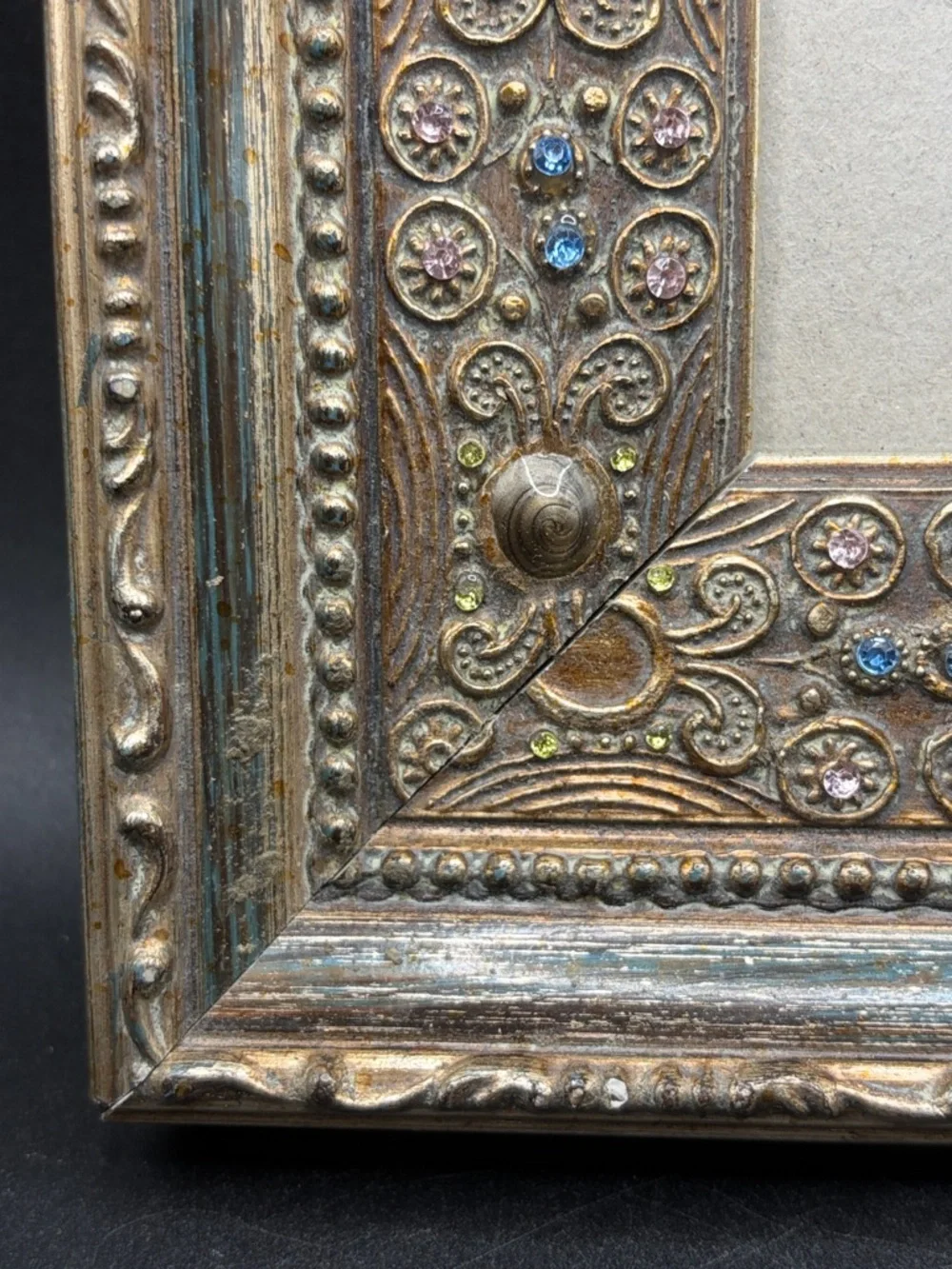Vintage Bejeweled Crystal Enamel Gilt Wood Ornate Picture Frame Photo Display